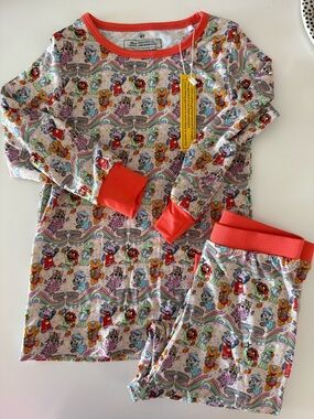 Bamboo Kids Pajamas - Multicolor Character Print with Coral Trim